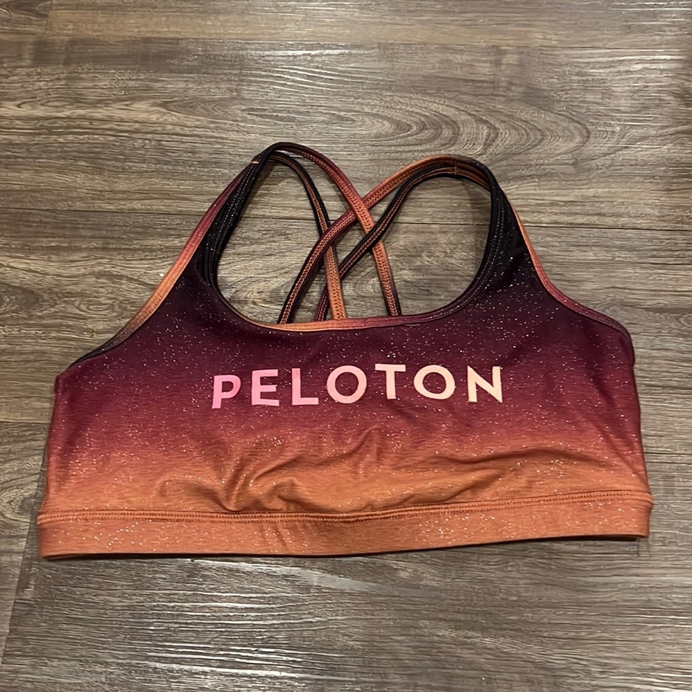 Peloton Women’s Medium Sports Bra Orange and Burgundy Sparkle